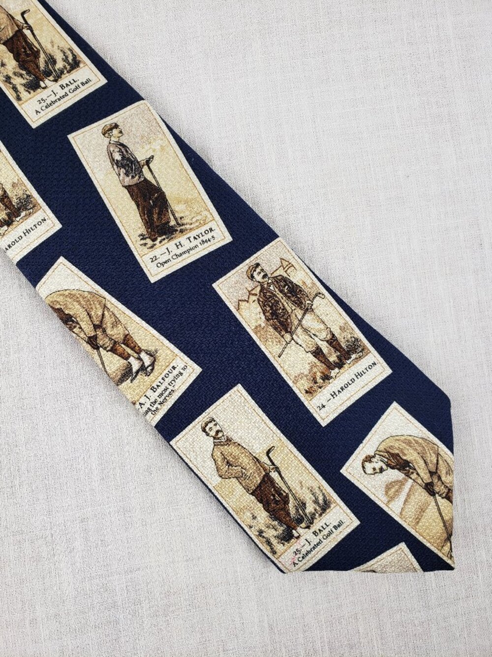 Lands End Vintage Silk Neck Tie Old Time Classic Golf Player Photo Navy USA Made